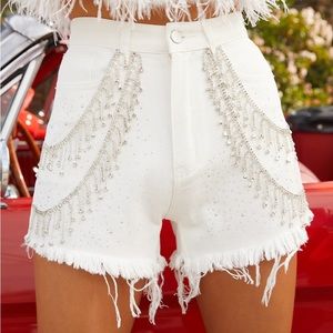 White Denim Rhinestone Embellished Cut-Off Shorts (12th Tribe)